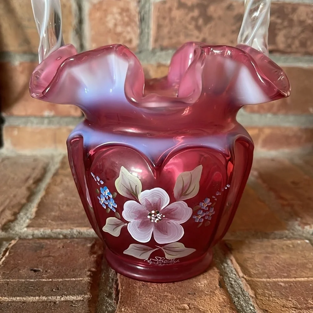 Fenton Cranberry Opalescent Art Glass Hand Painted Floral Basket Signed